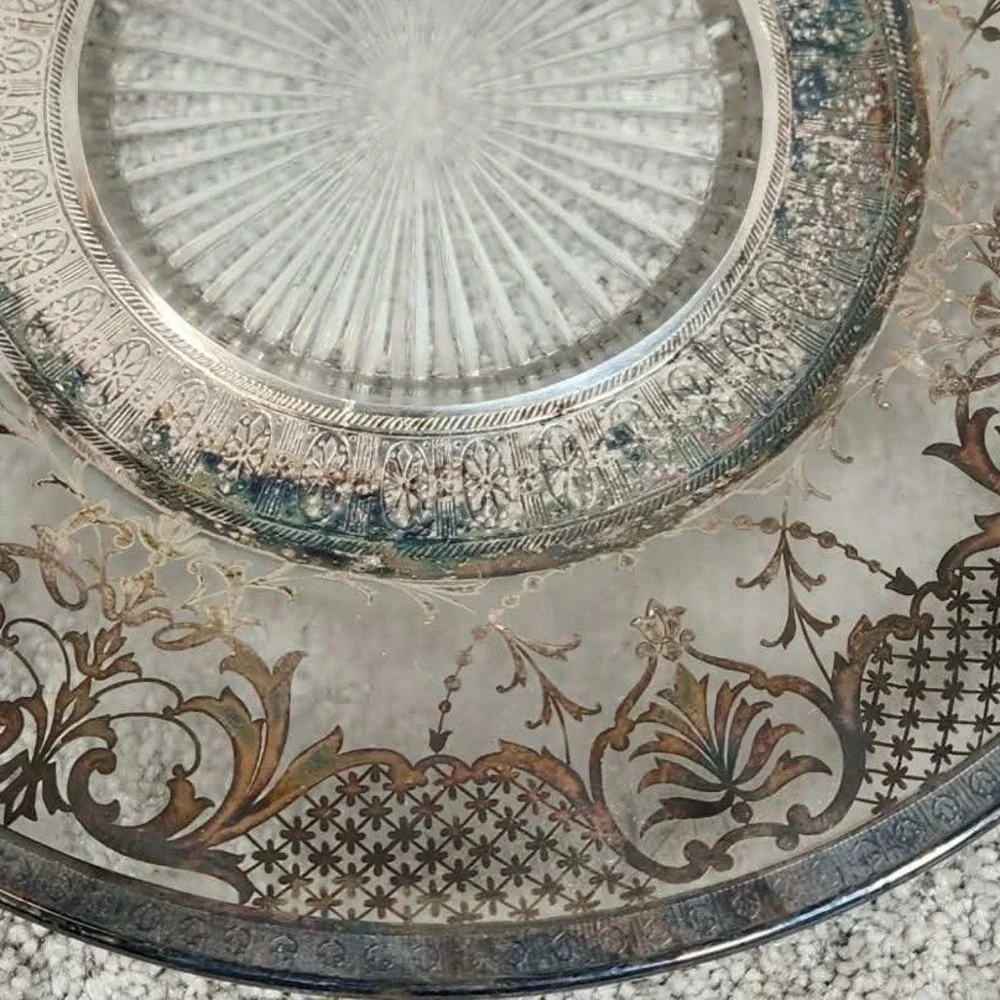 Vintage Silver Overlay‎ Glass Plate Clear Floral Scroll Etched Sunburst